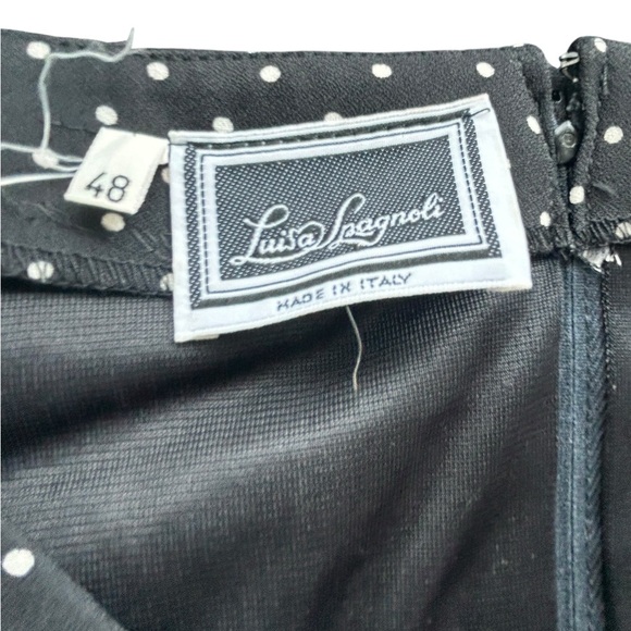 Vintage Luisa Spagnoli Black Polka Dot Pleated Midi Dress with Satin Waist Tie - Picture 4 of 8